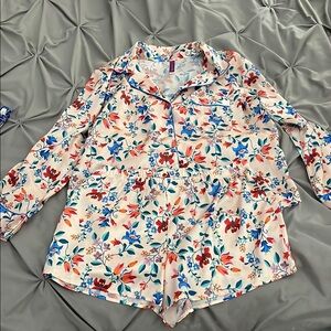 Floral Satin Pajama Set - Cream with Multicolor Floral Print